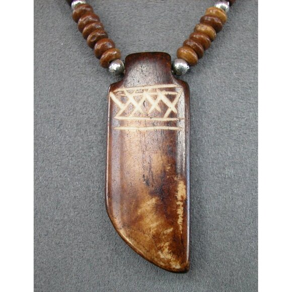 Handcrafted Tribal Style Wood Pendant Necklace With Engraved Detailing On Adjust - Picture 2 of 4